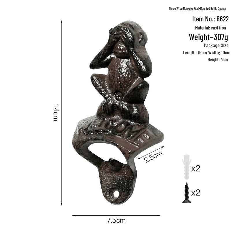 Creative Retro Cast Iron Three Wise Monkeys Wall-Mounted Bottle Opener.