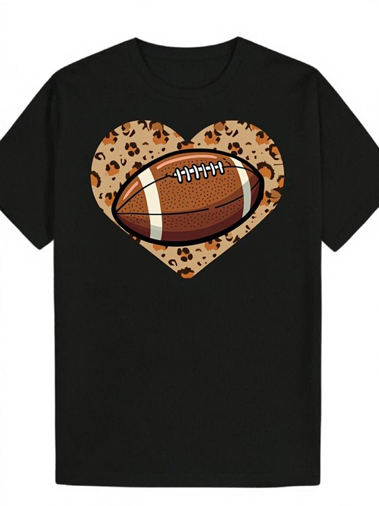 Leopard Heart Football Graphic Tee Women's Casual Round Neck Short Sleeve T-Shirt Breathable Cotton Top