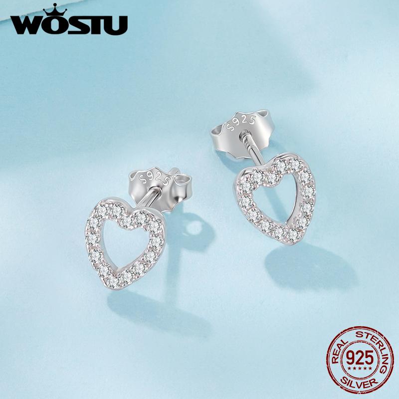 WOSTU 925 Sterling Heart Classical Heart Stud Earrings for Women Mini Rainbow Clear CZ Ear Studs Lovely Gift for mom duaghter