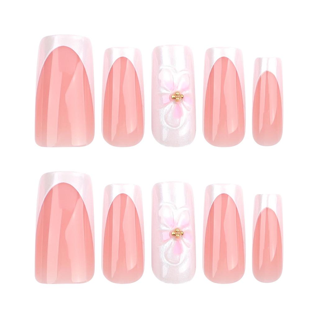 French White 3D Flower Medium-Long Square Wearable Nail Tips