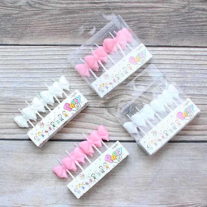 New Pink Bow Birthday Candles Creative Party 5 PVC Boxed White Bow Candles