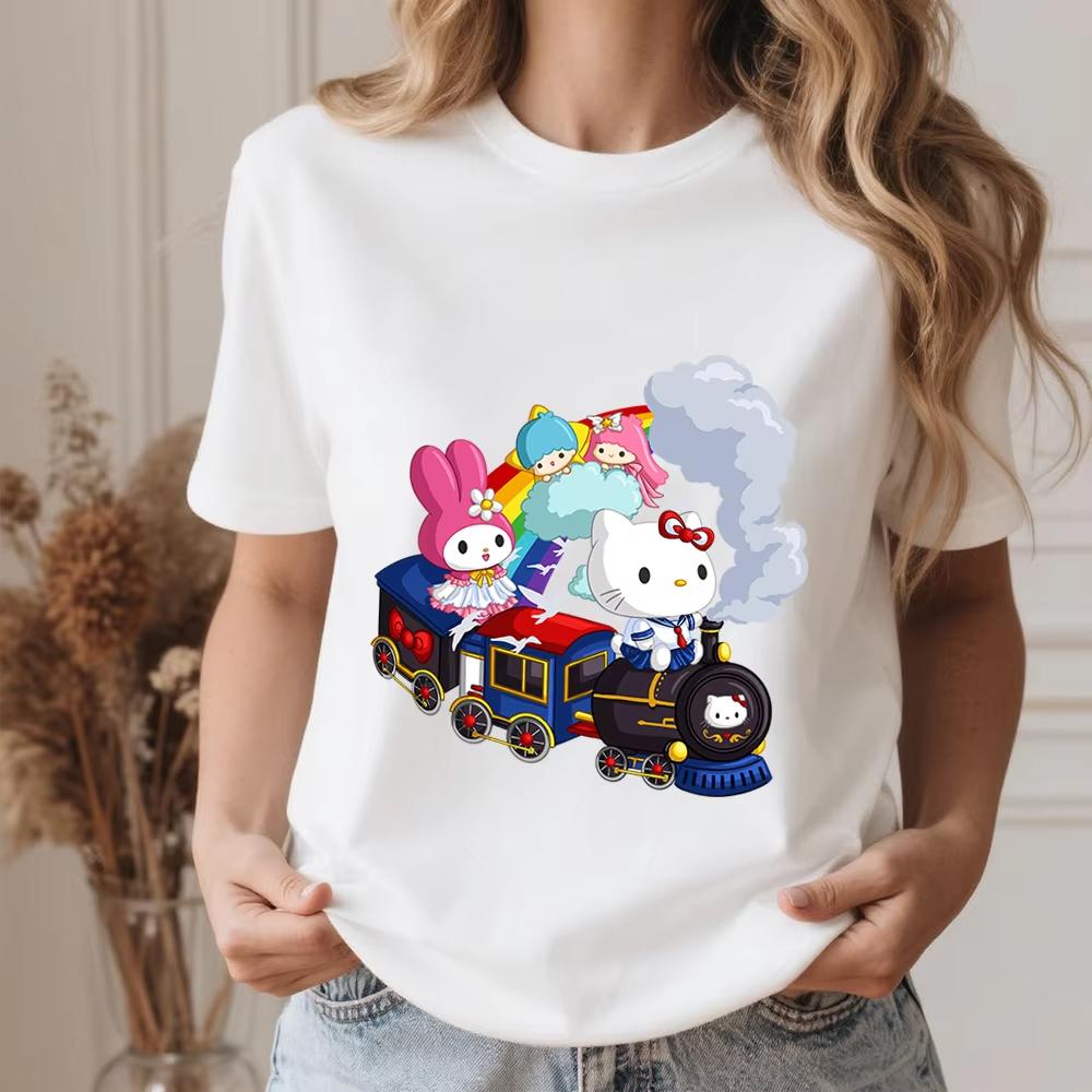 

2026summer Sanrio Characters Rainbow Train Print Soft Cotton T Shirt for Women Casual Comfortable Summer Top S