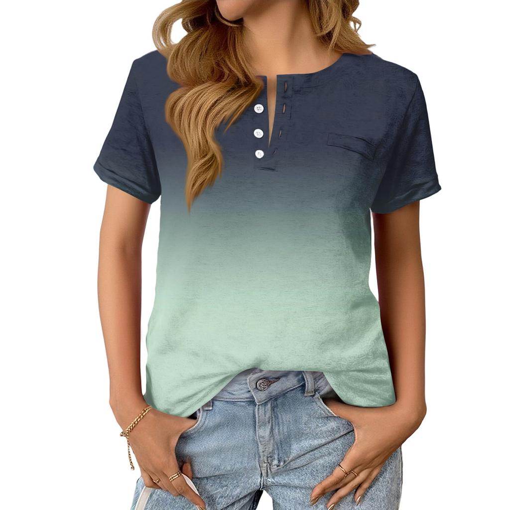 Women's Fashionable Casual Summer Gradient V-neck Button Short-sleeved Top