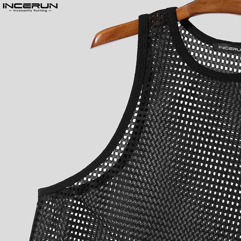 INCERUN Men Sleeveless Mesh Sheer Hollow Casual Beach Tank Tops Cover Up