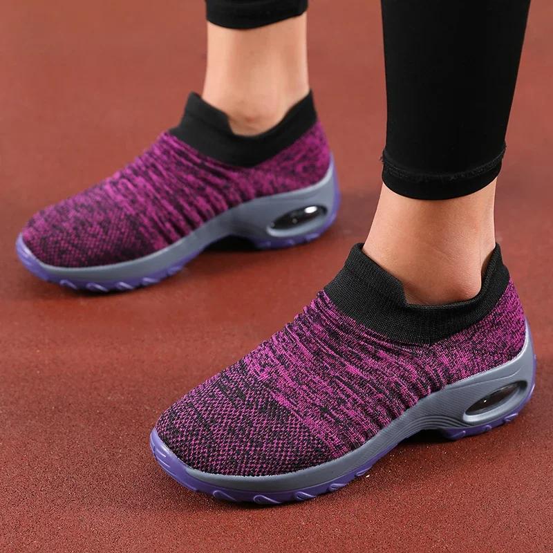 Women's Summer Slip on Shoes Black Sporty Casual Breathable Height Increasing Thick Soled Non Slip Comfortable New Walking Shoes
