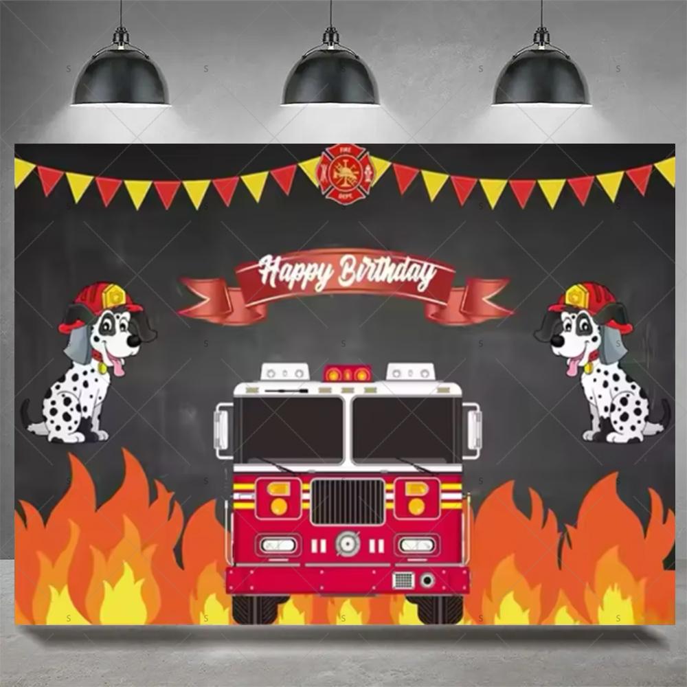 Firefighter Firetruck Theme BackgroundRed Fire Truck Children Boy Birthday Party Decor Baby Shower Photography Backdrop Props