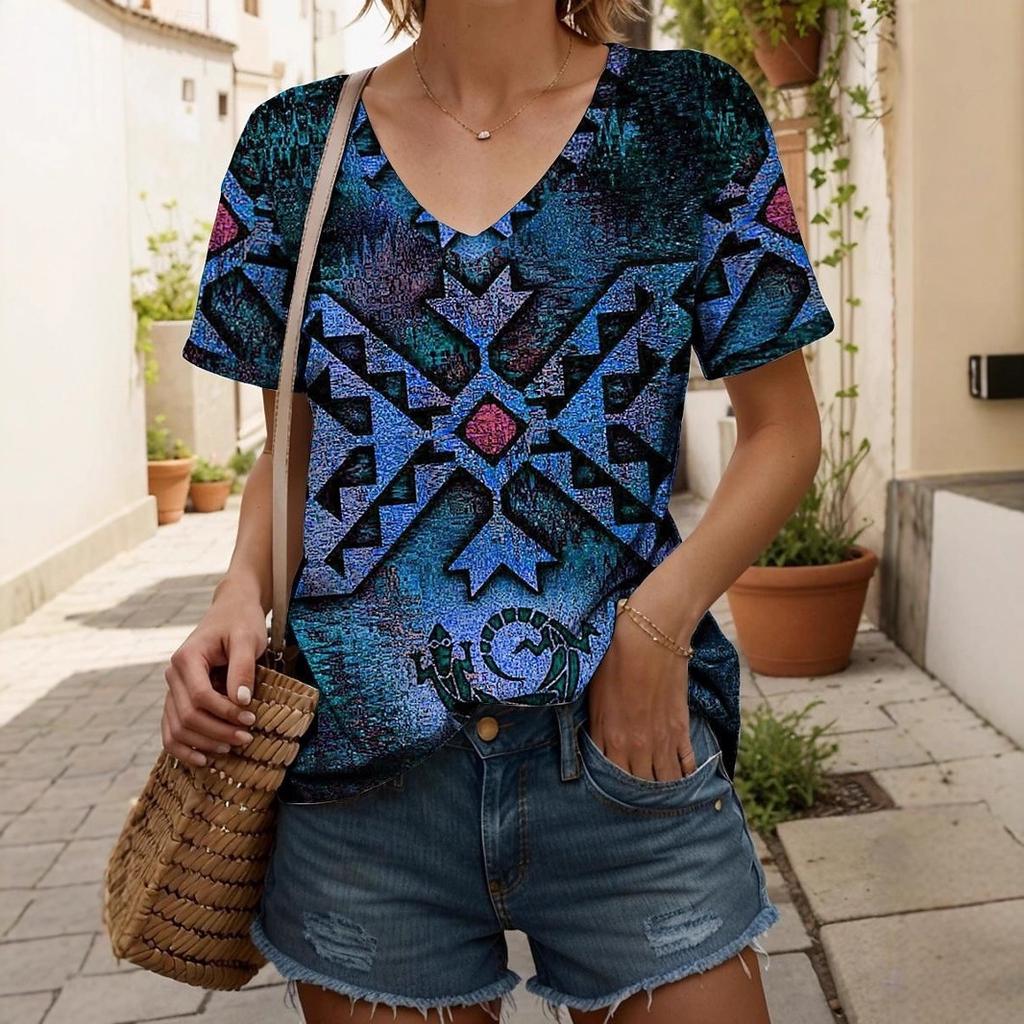 Fashionable New Casual Women's Clothing Color Pattern 3D Printed V-neck T-shirt Daily Loose Women's Short Sleeved T-shirt