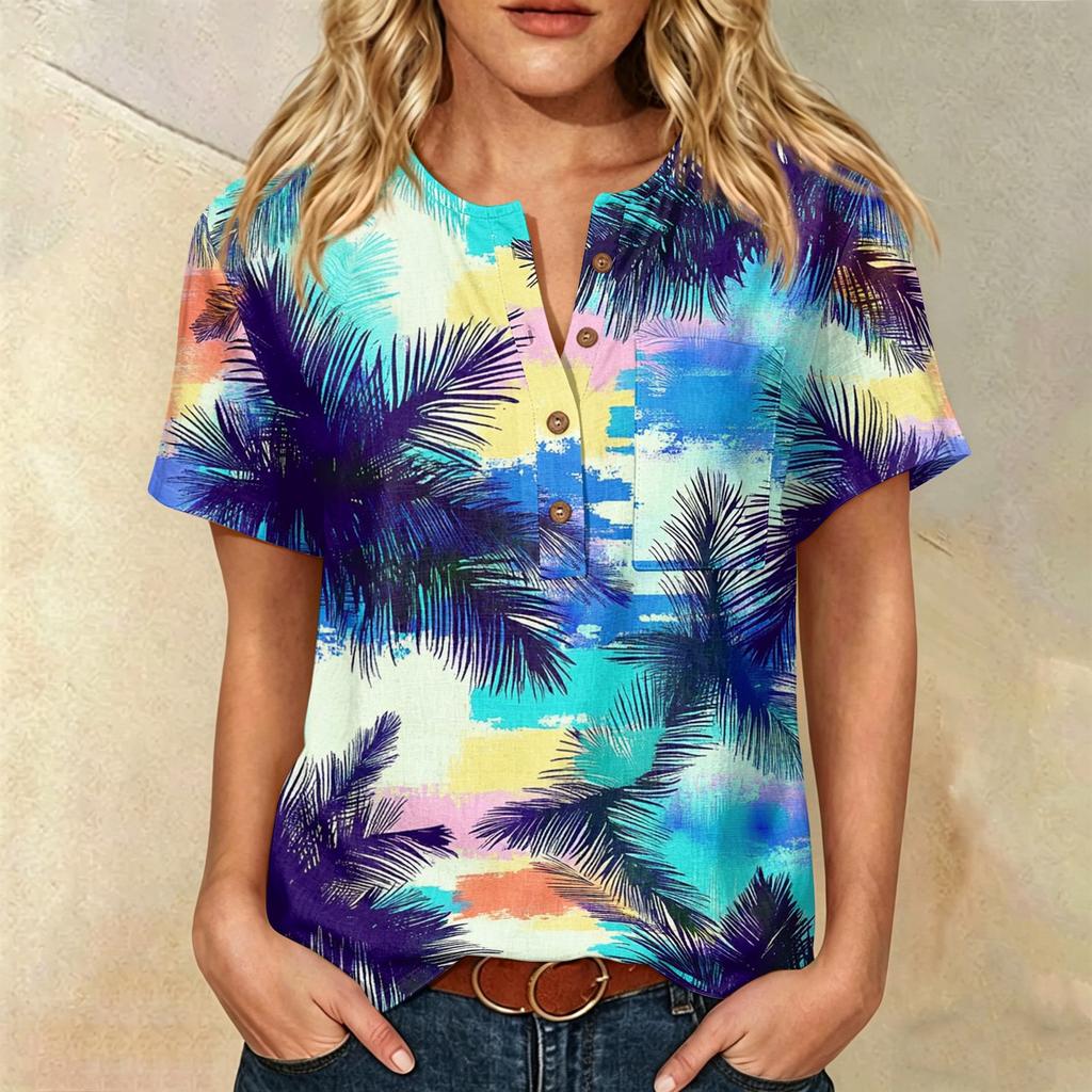 Damen Freizeit Hemd mit Print, Henley-Knopfleiste, kurzen Ärmeln, Baumwoll-Leinen-Mischung und Brusttasche für den Sommerlichen Alltagsgebrauch