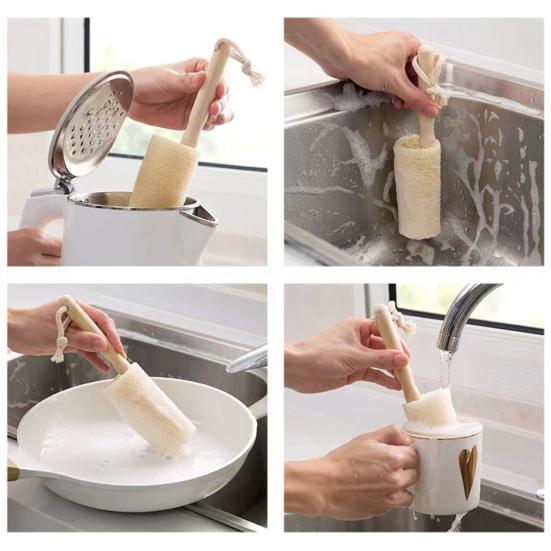 Wooden Handle Cup Brush Natural Loofah Bristles Long Thin Handle Bottles Glassware Scrubber with Lanyard Design