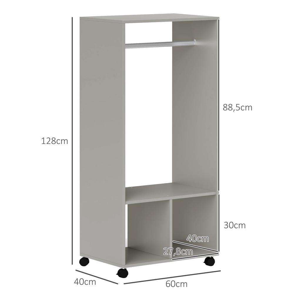Wardrobe with Shelves, 2 Hanging Niches, 4 Swivel Casters, 60 x 40 x 128 cm, Grey