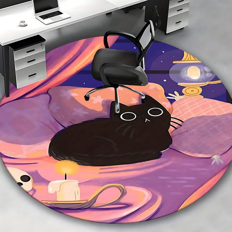 1pc Anime Design Black Cat Round Carpet Office Chair Mat, Non Slip Rug for Home Decor, Gift, Office, Living Room, Bedroom