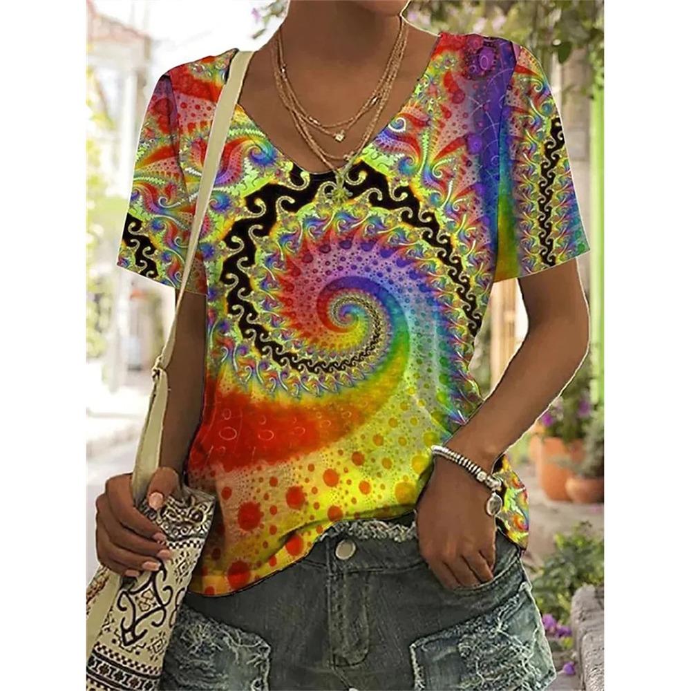Tricou noi de vară pentru femei, cu imprimeu de flori 3d, cu decolteu în V, bluză cu mâneci scurte, tricouri de modă de dimensiuni mari, pentru femei, tricou Y2k pentru femei