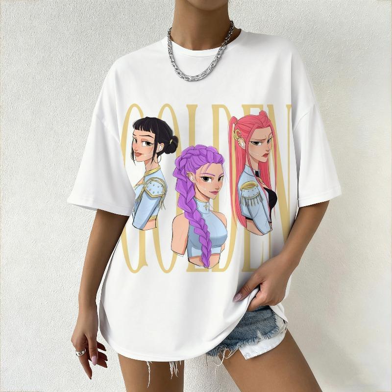 Women's T-Shirt KPop Demon Hunters Graphic Vibrant Anime Style Print Featuring Casual Loose Fit Top for Trendy Outfits
