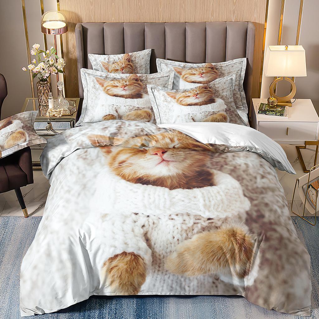 3D Digital Printing 2/3pc Animal Cat Pattern Quilt Cover Pillowcase Double Bed Set Cover Quilt Soft Microfiber Bedding Set