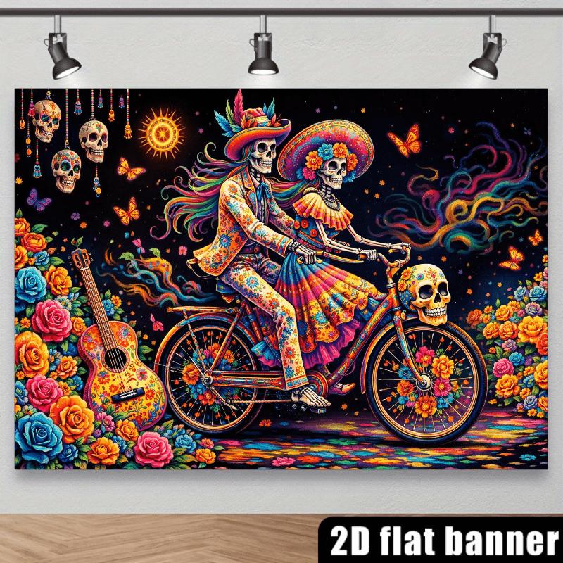 2D plane skull-themed background fabric, with a skull wearing colorful clothes in the center of the picture.zyc