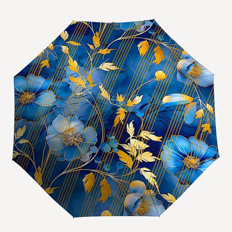 1pc Blue Floral Pattern with Gold Accents Umbrella with Plastic Handle,Suitable for All Seasons Umbrellaptys26091