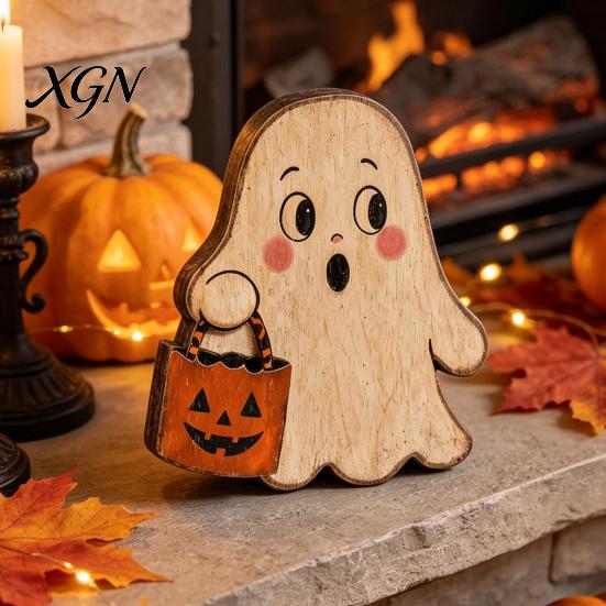 Rustic Ghost Wood Decoration Halloween Haunted House/Cute Wooden Table Ornaments, Farmhouse Tiered Tray Holiday Home Centerpieces Decor, Vintage
