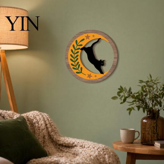 Layered Wood Wall Hanging 4Pcs 3D Boho Cat Decoration, Round Wooden Hangings, Animal Star Sun Moon Art Botanical Decor, Plaque for Living Room Bedroom