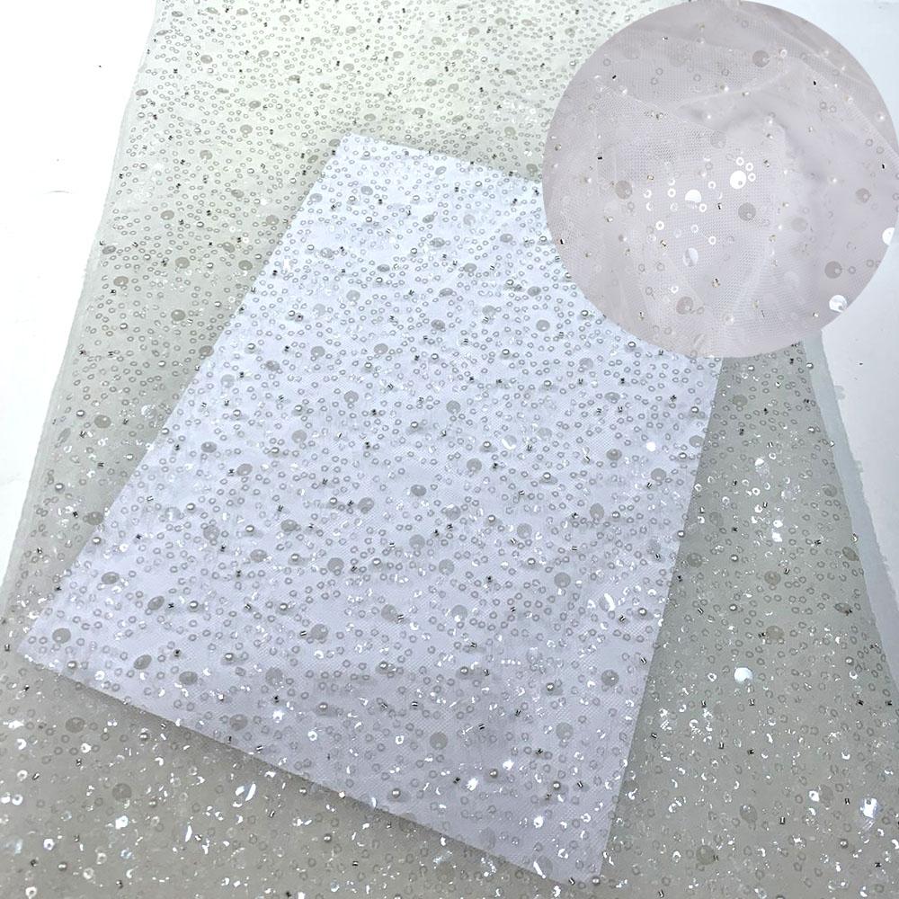 French Style Sequin Mesh Lace Fabric Pearl Bead Heavy Craft Tulle Soft Net For Sewing Women Luxury Dress Robe Trailing Trimming