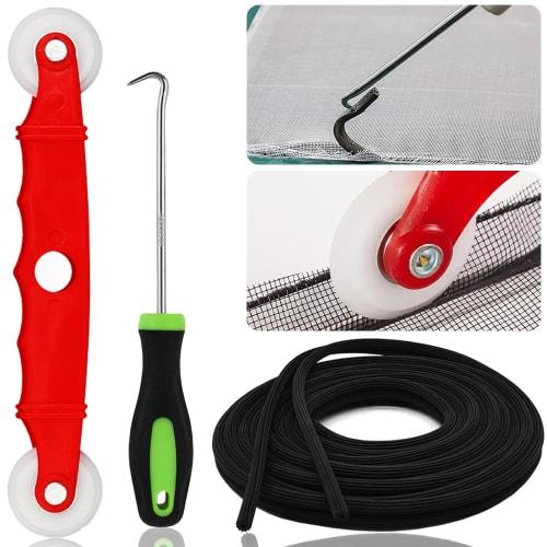 3-Piece Screen Door Replacement Tool Set: Double-Sided Screen Roller, Pressure Strip Puller, and Screen Retainer Rubber Strips. Includes a 10m (4.5mm)