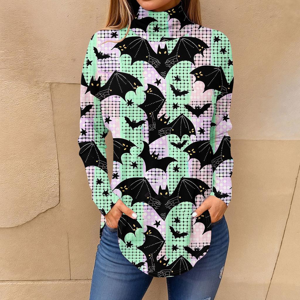 Tee Shirts For Women Fall Casual Long Sleeve Shirts Sweatshirt Vintage Printed High Neck Top Pullover