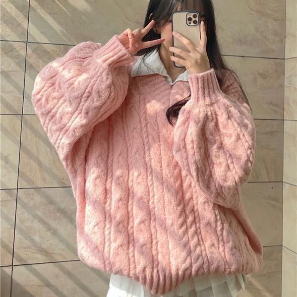 Dámský svetr s výstřihem do V Vintage Ležérní Volný Pevný Pletený Svetr Preppy Roztomilé topy Podzim Zima Korejský módní svetr