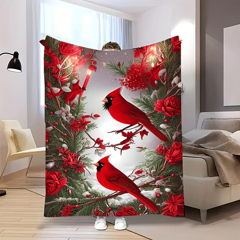 1pc Cozy Winter Christmas Red Bird on Branch Themed Pattern Printed Flannel Blanket, Soft And Warm, Perfect Gift for Holiday Mem