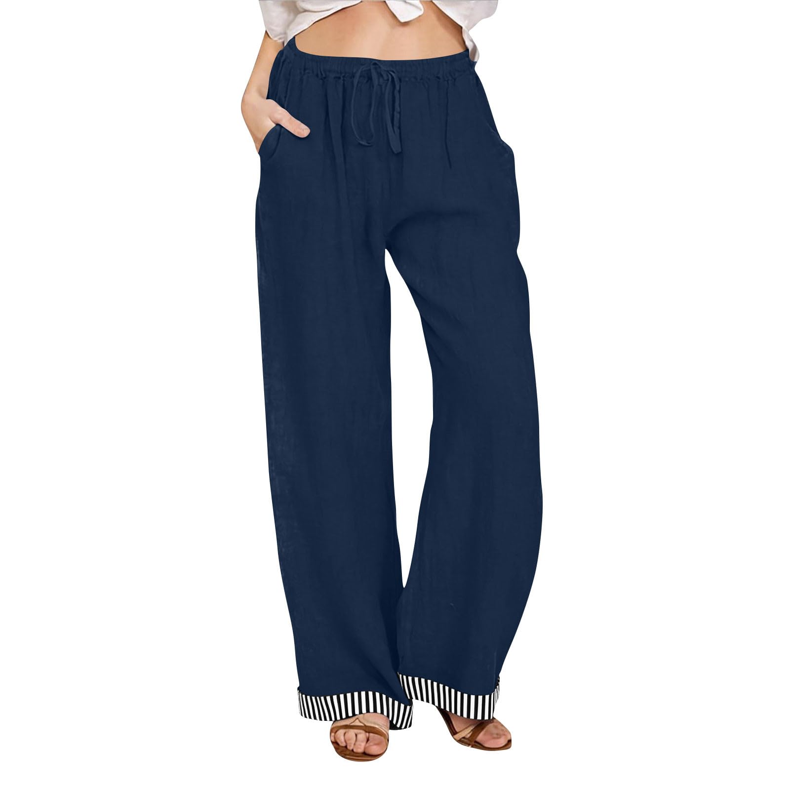 

Women Wide Leg Drawstring Waist Casual Pants with Striped Hem Loose Fit Lightweight Trousers with Pockets for Daily Wear XL Темно-синій