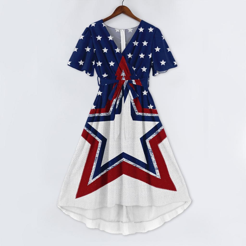 Women's Casual V Neck Short Sleeve Dress Independence Day Print Floral Pattern Knee Length Summer Dress