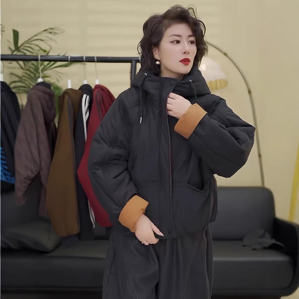 

Fashion color matching short hooded cotton clothes women s 2025 winter new loose versatile and thin warm cotton-padded jacket M чёрный