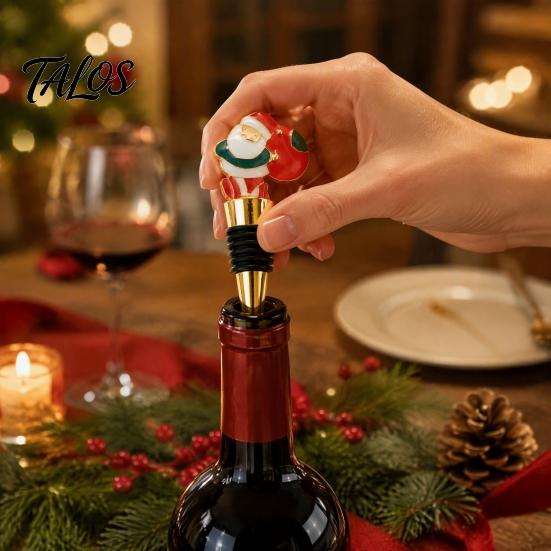Leak Proof Wine Saver Christmas Theme Stopper, Santa Snowman Garland Pattern, Zinc Alloy Festive Bottle Reusable Cork Insert with Silicone Sealing