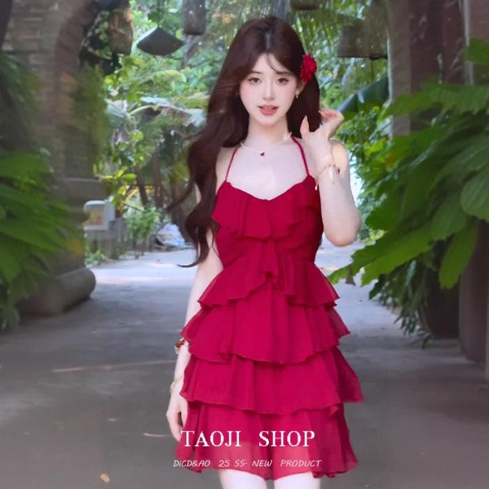 2026 Summer Women s Red Slip Dress - Hot Girl Vacation Style, Slimming A-line Short Layered Skirt L красный