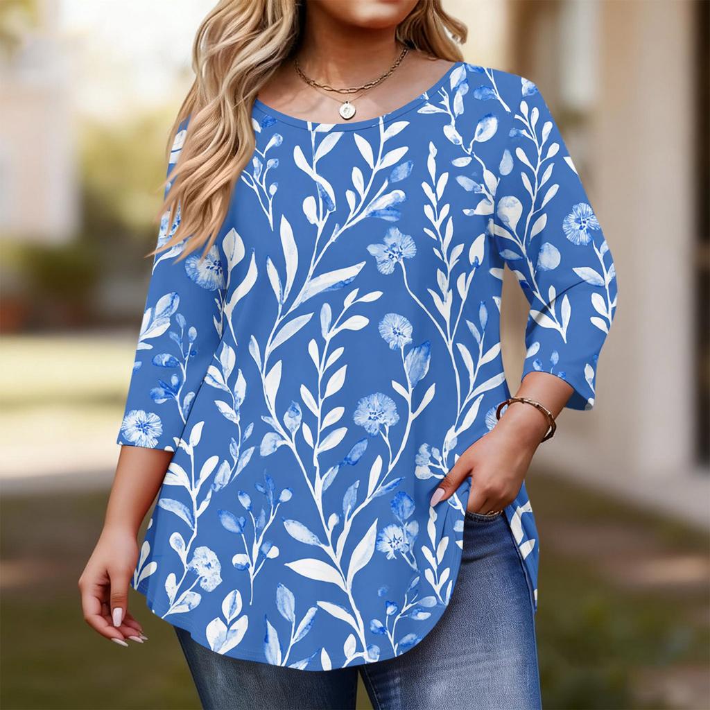 Women's Fashionable Casual Floral Print Plus Size Three-Quarter Sleeve Round Neck Top With Curved.