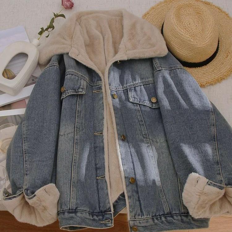 Women's Velvet-Lined Denim Jacket - Winter 2025 Korean Style, Unique Design
