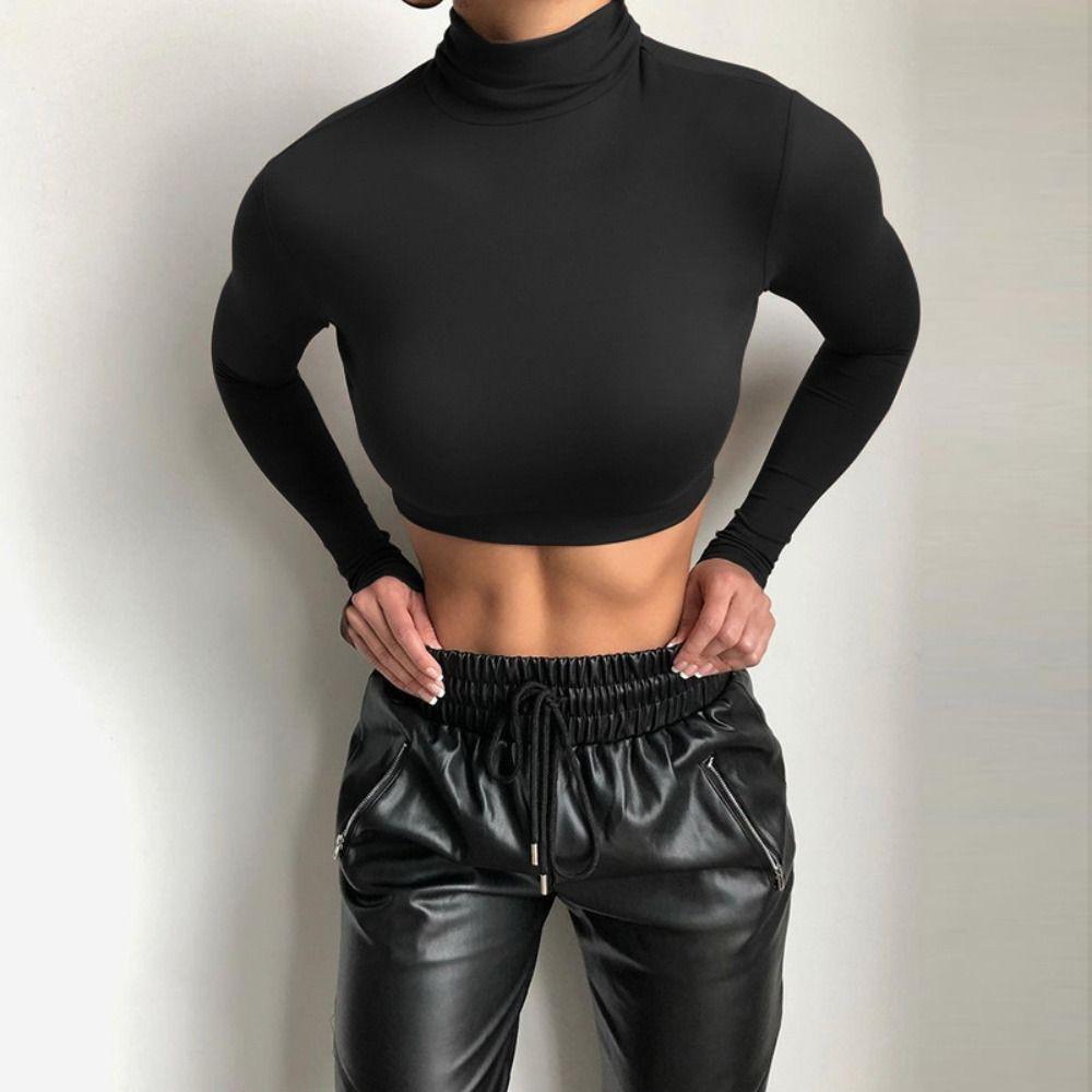 

Y2k Long Sleeve T-shirt Pullover Bottoming Shirt Women Fashion High Collar Crop Tops Spring L кавовий