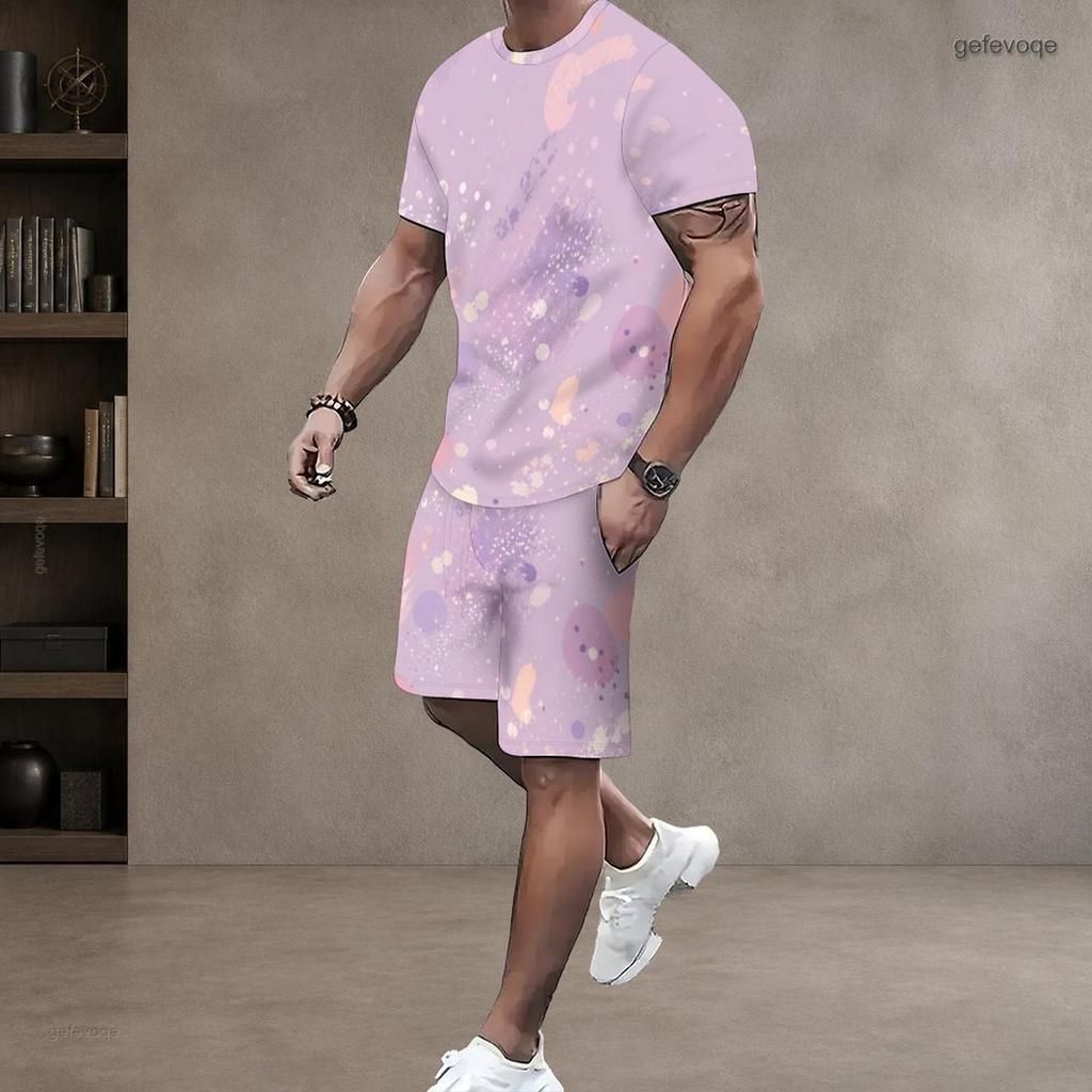Men s Plus Size Dark Green Gold Printed Round Neck Short Sleeve Top And Shorts Two Piece Set