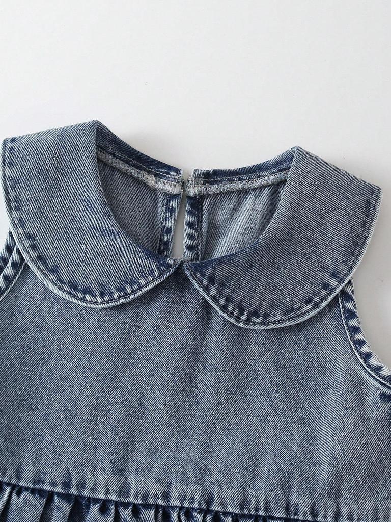 Single-piece Girls' Casual Everyday Cute Simple Versatile Denim Dress with Large Lapel Bow Embroidery, Sleeveless Peter Pan Collar