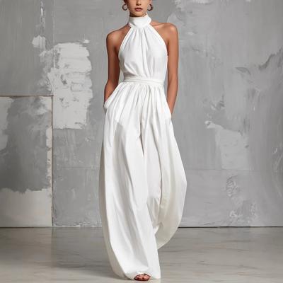 2026 European and American Women's Clothing Ins White Fashion Temperament Waist Pleated Jumpsuit