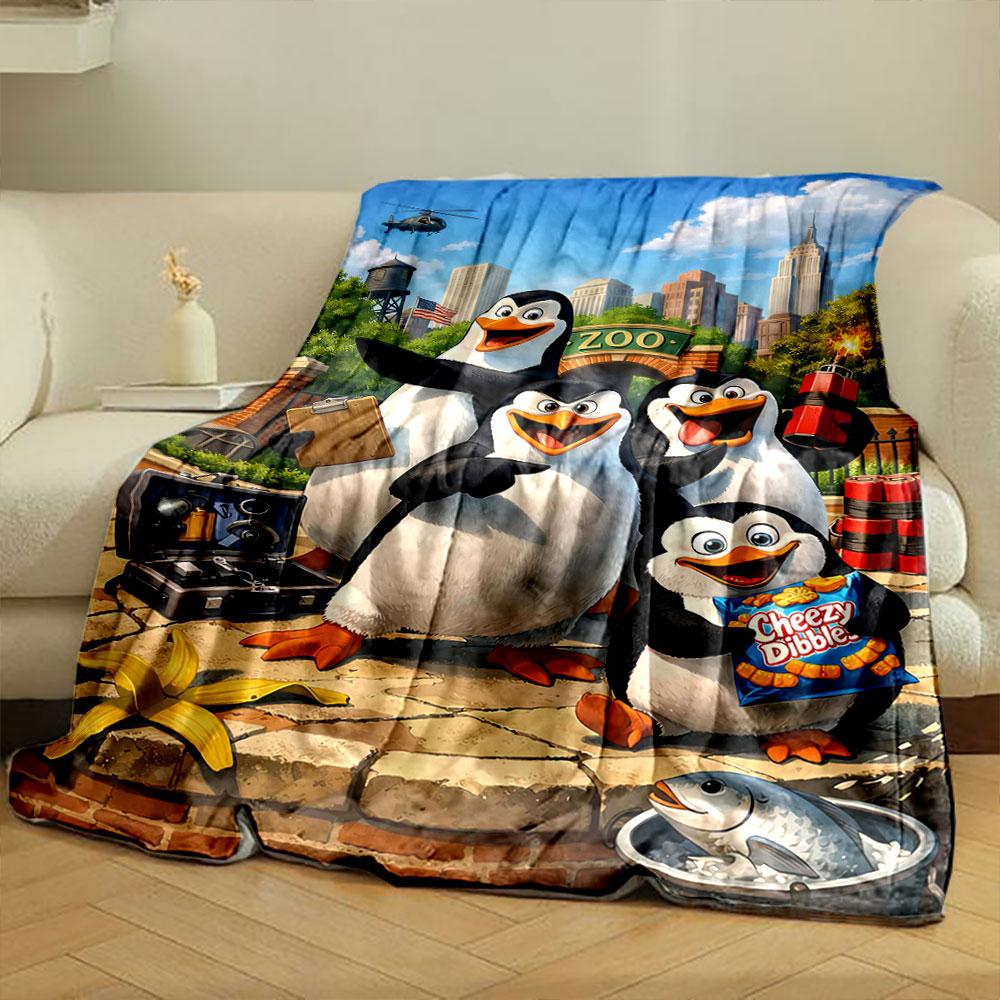 Animated penguins with tools and snacks in front of a zoo and city skyline. for all seasons blanket lunch break throw gift