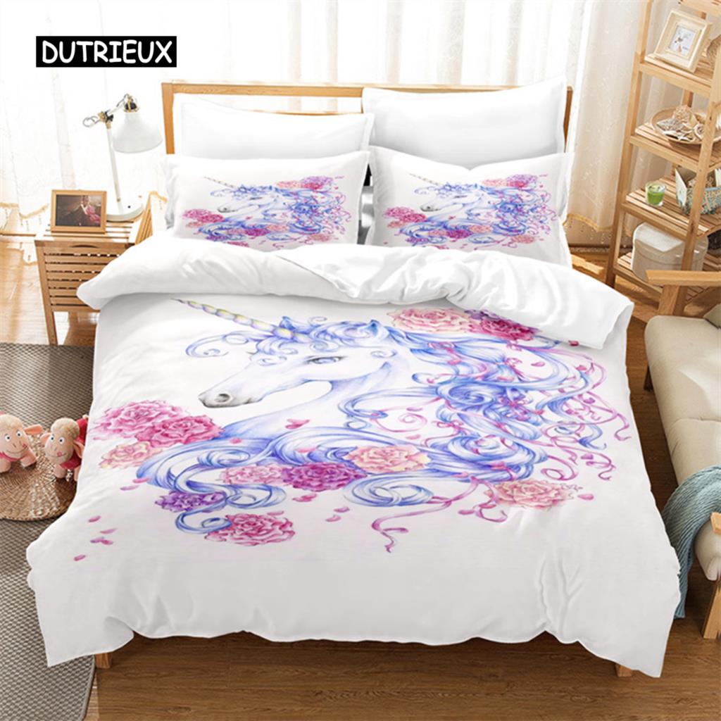 Duvet Cover Cartoon Unicorn Floral Bedding Set Microfiber Flying Horse Comforter Cover Full Queen Children Girls Bedroom Decor