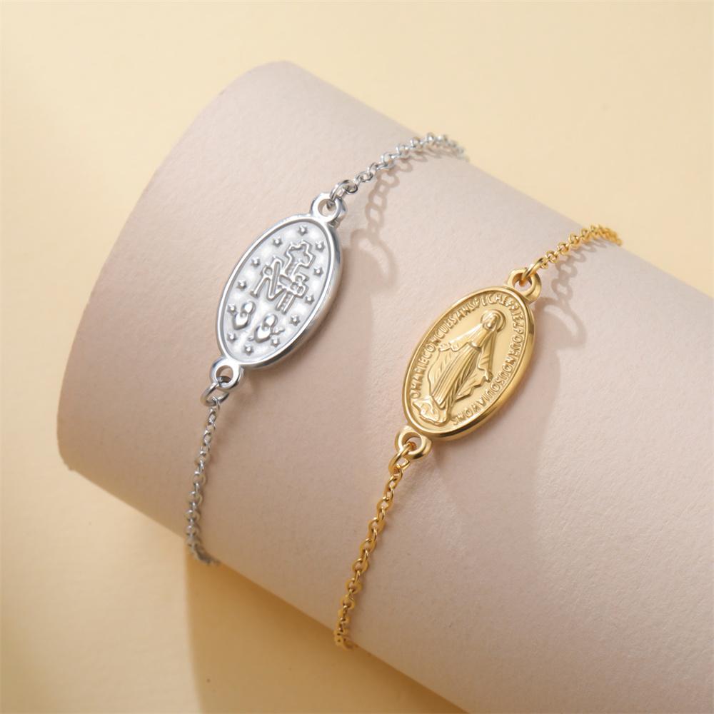 Virgin Mary Cross Bracelet Adjustable Hand Chain Stainless Steel Pendant Medal Christian Religious Catholic Protection Jewelry