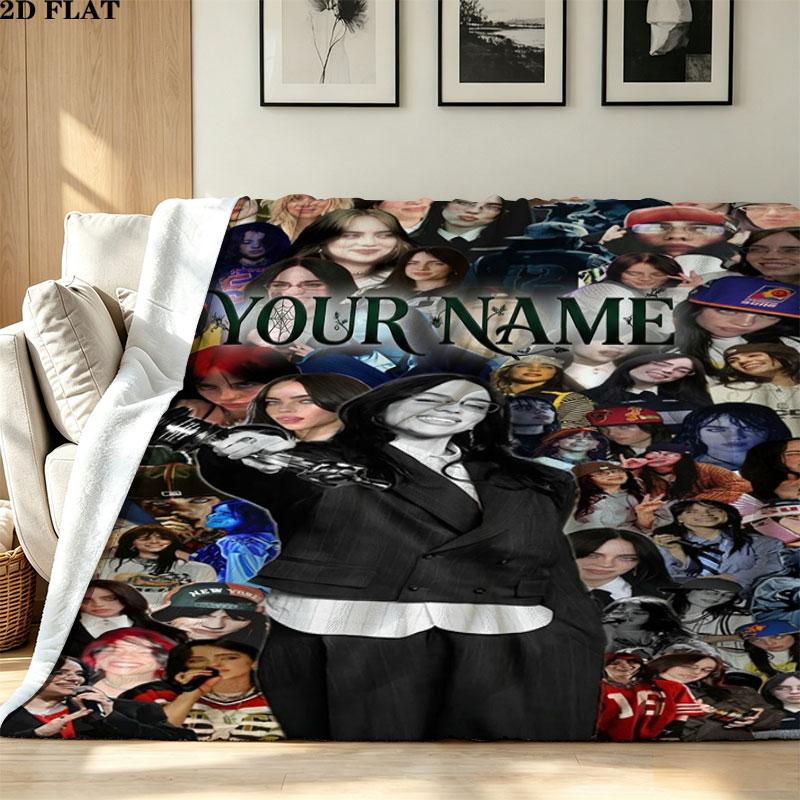 1PC Billie Eilish Custom Name Patterned Flannel Blanket Suitable For All Seasons for Home Decor Warmth and Comfort Gifts Holiday Present