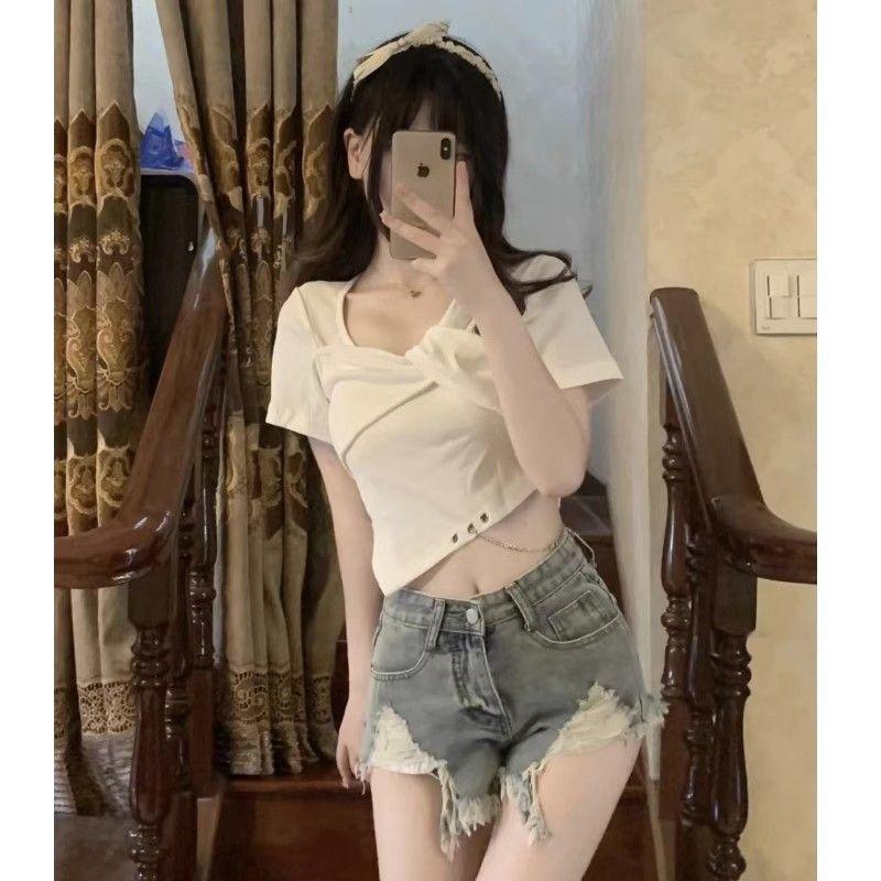 Spice girl fashion irregular niche design short-sleeved T-shirt new slim and thin chic French top ins women