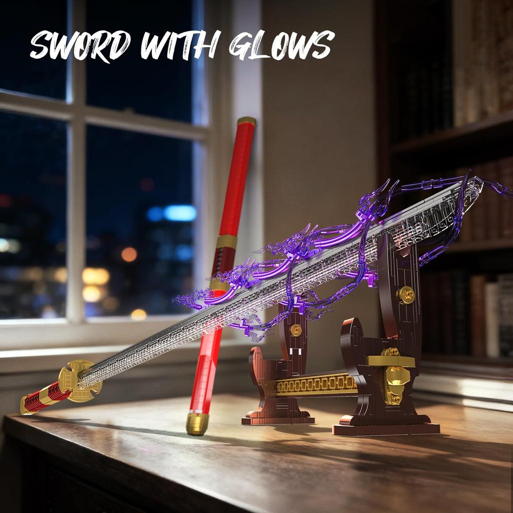 Mould King 10259 ZORO Sword Building Blocks MOC Anime Cosplay with Scabbard and Toy Set 1832 Set, Light-Up Sword, Stand, Youth/Adult/Collector (Over
