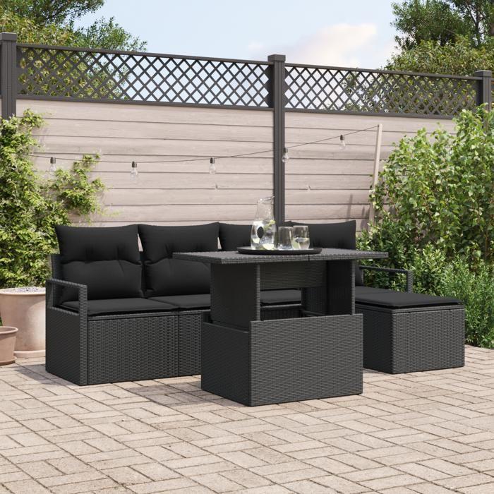 Ensemble de Canapés de Jardin 6 Pièces avec Coussins Noir Rattan Poly, Canapé de Jardin 2 Places avec Coussins Noir Rattan 3348809