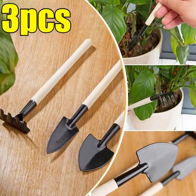 3-teiliges Garten-Mini-Pflegeset zum Umpflanzen von Pflanzen, Sämlingen, Sukkulenten, Pflanzmaschine, Schaufel, Rechen, Spaten, Bohren, Düngen