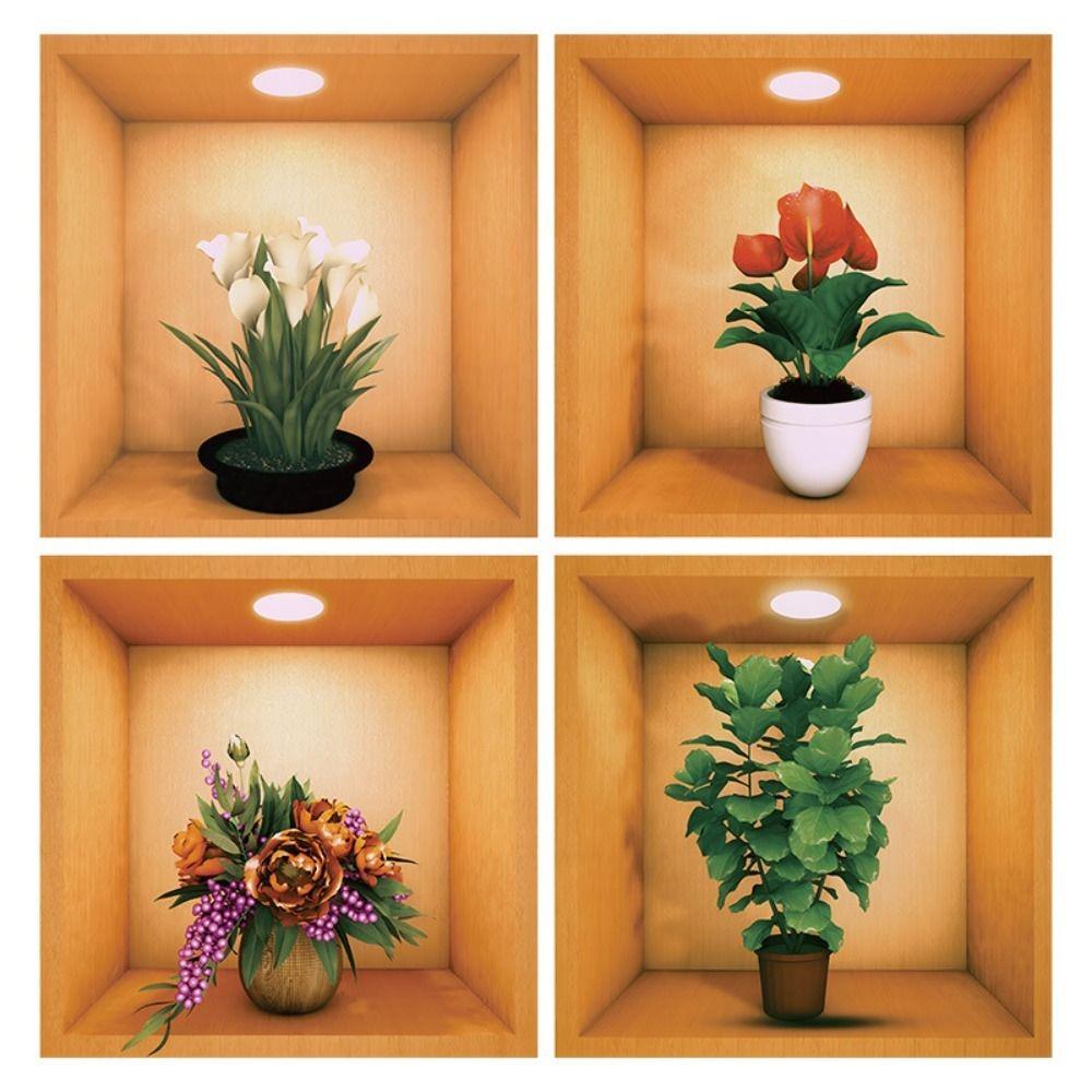 

4pcs PVC Plant Potted Wall Stickers Creative Green Plant Simulate 3D Wallpapers Self Adhesive Waterproof Plants Flower Decals