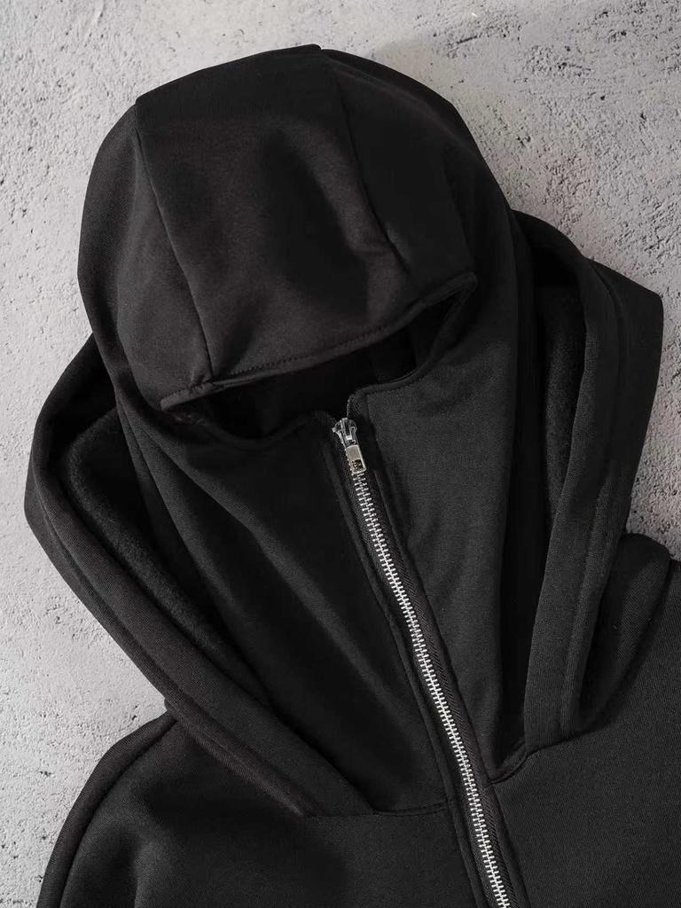 Men's Black Zipper Hooded Sweatshirt with Spider Personalized Print, Fashionable and Trendy Full Zipper Sweatshirt Jacket, Double Hat Design