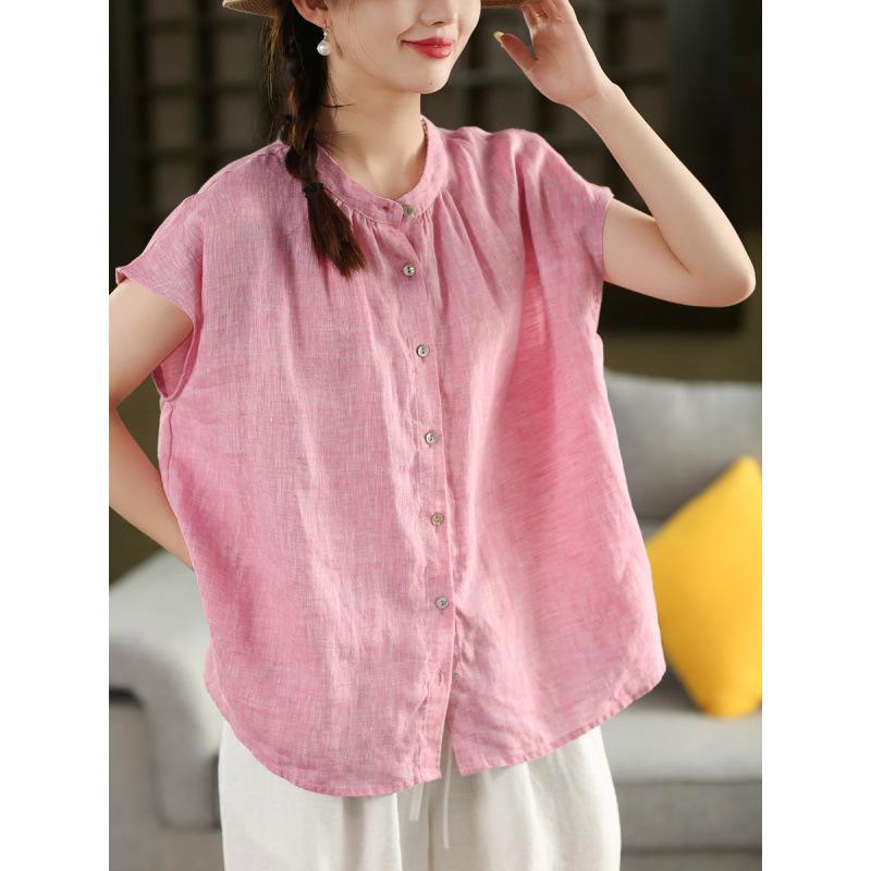 1116 Camicia in Lino Filato Industria Pesante Vintage Femminilità Collo Rialzato Camicia a Maniche Corte Monopetto Top
