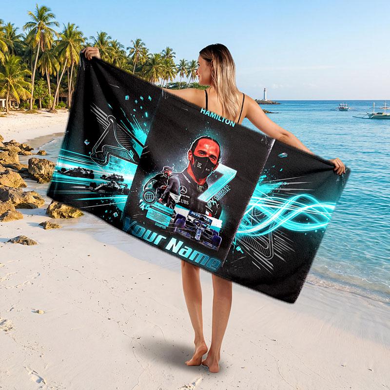 Lewis Hamilton Customized Name Text Beach Towel, Soft Absorbent Towel Beach Pool Travel Personal Gift